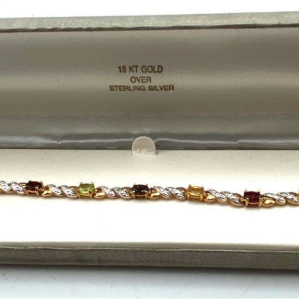 18K Gold Over Sterling Silver Gemstone and Diamond Chip 7" Tennis Bracelet  10g